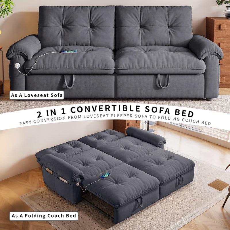 77.2" Convertible Sofa Bed, 2-in-1 Full Size Sleeper Sofa, Plush Upholstered Loveseat with USB Charging Ports & Side Pockets, Steel Frame Pull-Out Couch for Living Room, Bedroom, Apartment