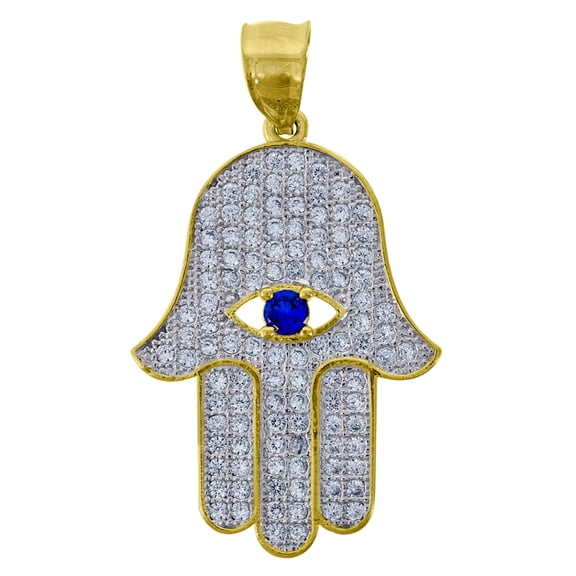 10k Gold Two-tone CZ Mens Hamsa Blue Stone Eye Height 36.7mm X Width 21mm Religious Charm Pendant Necklace for Men