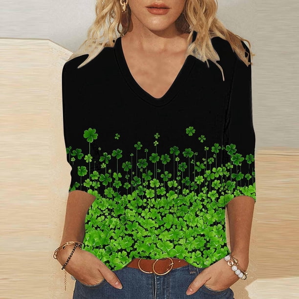 TaTaai Women St. Patrick's Day Print Loose V-Neck 3/4 Sleeve Top Casual Fashion T-Shirt Ladies Spring Daily Holiday Wear Lightweight Breathable Non-See-Through No Fading Stylish Top Gift