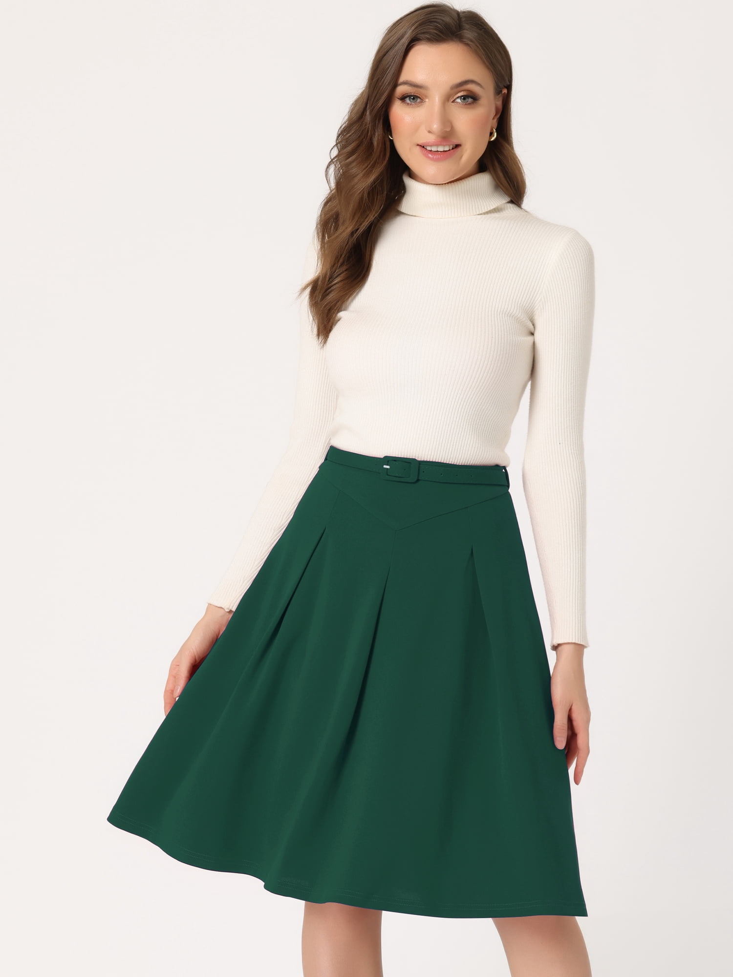 DARING DIVA Women's Casual Belted Waist Pleated Skater Short Skirts L Dark Green