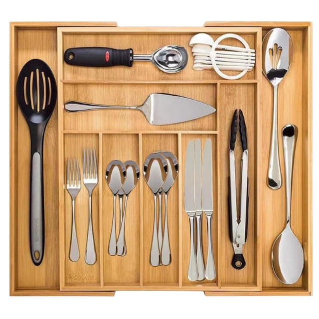 AMIARYA 9 Compartimentos Bandeja para Cubiertos Expandible, Organizador de cocina 100% de bambú, organizador de cubiertos para Cajón, Multiusos para Almacenar y Ordenar