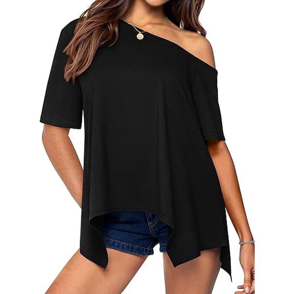 PRETTYGARDEN Off The Shoulder Tops for Women Summer Short Sleeve Asymmetrical Oversized Tee Shirts Casual Spring Clothes