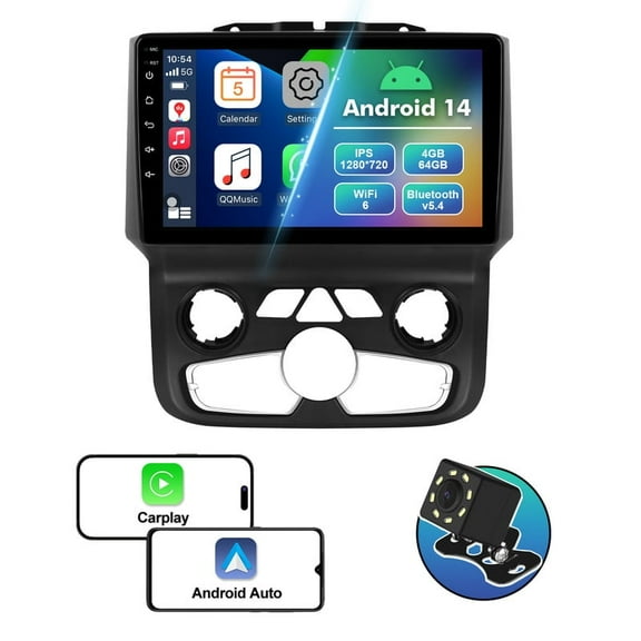 4 64G Android 14 Car radio for Dodge RAM 1500/2500/3500 2013-2018 with Auto A/C Multimedia Stereo Wireless Carplay Android Auto Navigation GPS WIFI Mirror link Camera FM BT