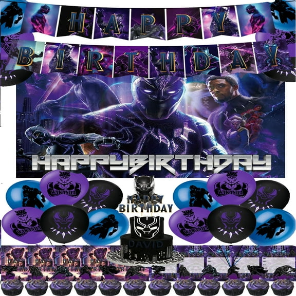 Birthday Party Supplies Set with Black Panther Themed, Including Happy Birthday Banners,Background Flag,Cupcake Toppers, Balloons, Party Decor Set.