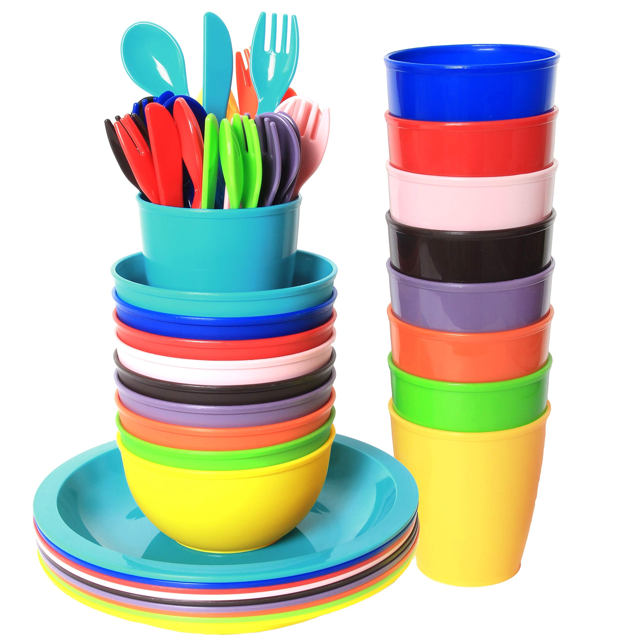 Plaskidy 36 Piece Kids Dinnerware Set Cups Plates Bowls Flatware Microwave Dishwasher Safe BPA Free Walmart