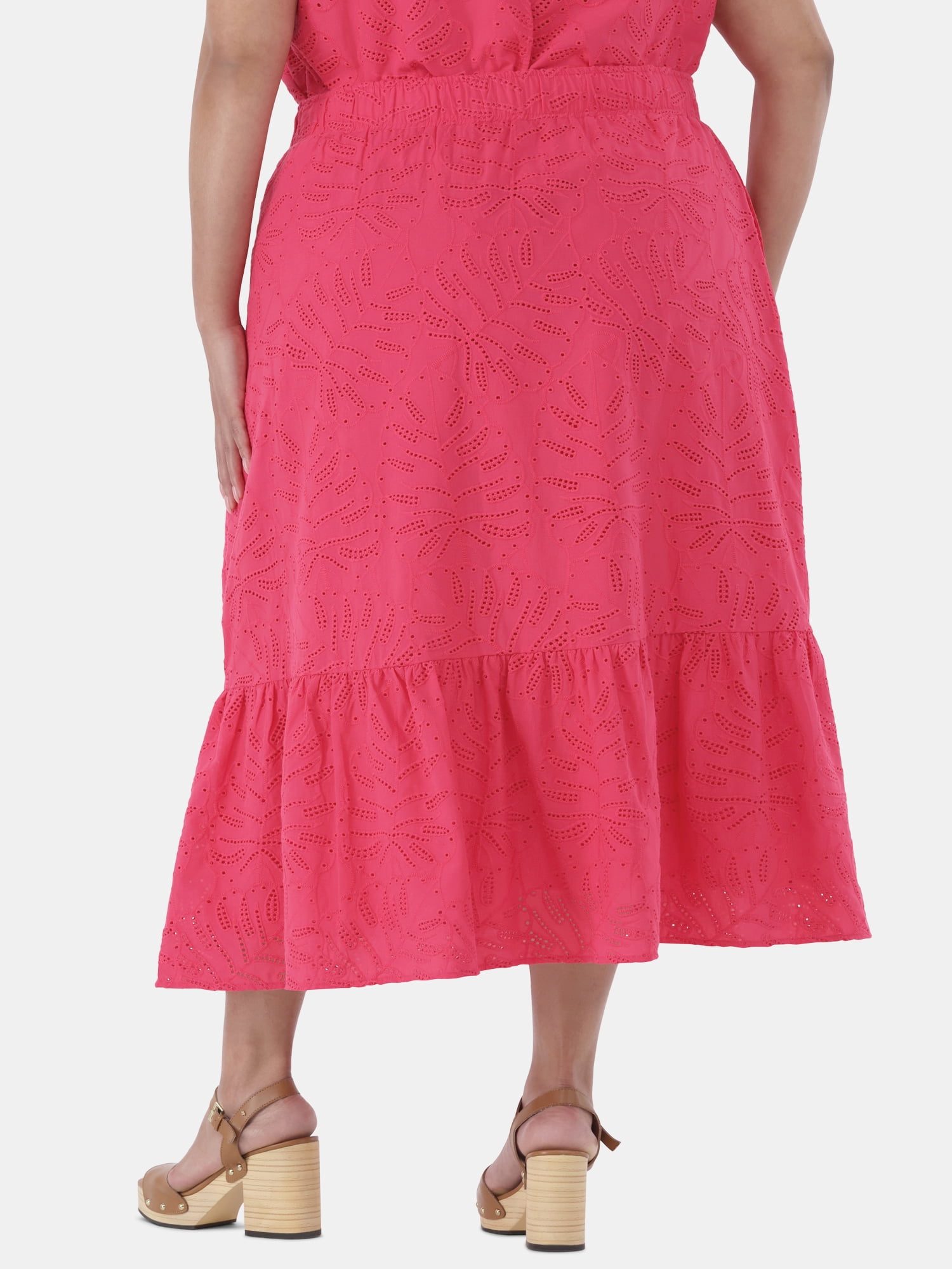 Time and Tru Women's Cotton Eyelet Tiered Midi Skirt with Elastic Wasitband, XS-XXXL, 1X-4X