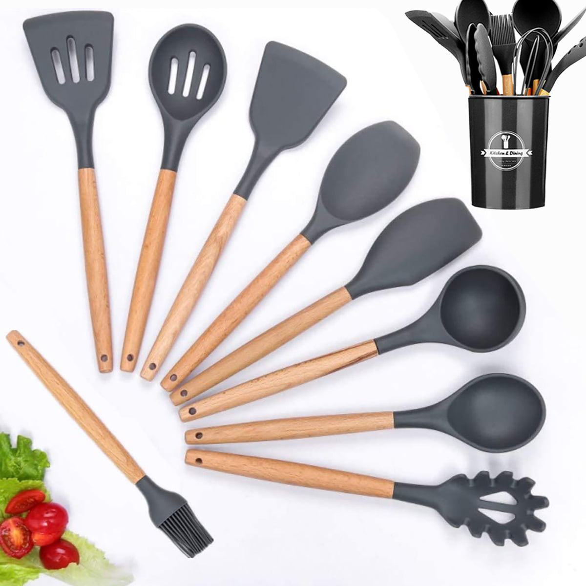 9/12/13pcs Cooking Wood+Silicone Kitchen Utensils Set Cookware Storage Box  Turner Tongs Spatula Spoon Whisk –