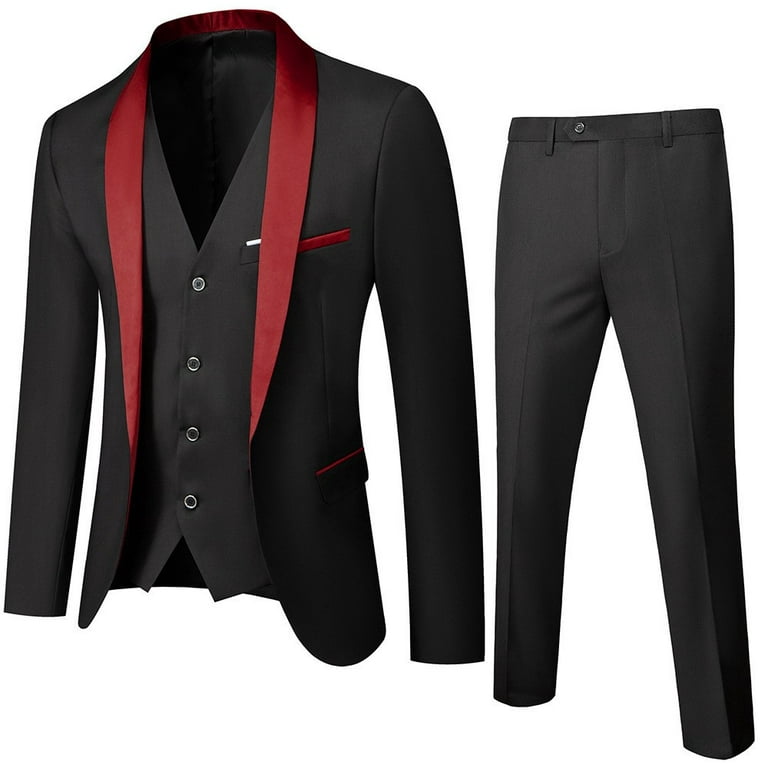 Red Office Women 3-piece Suit With Slim Fit Pants, Buttoned Vest