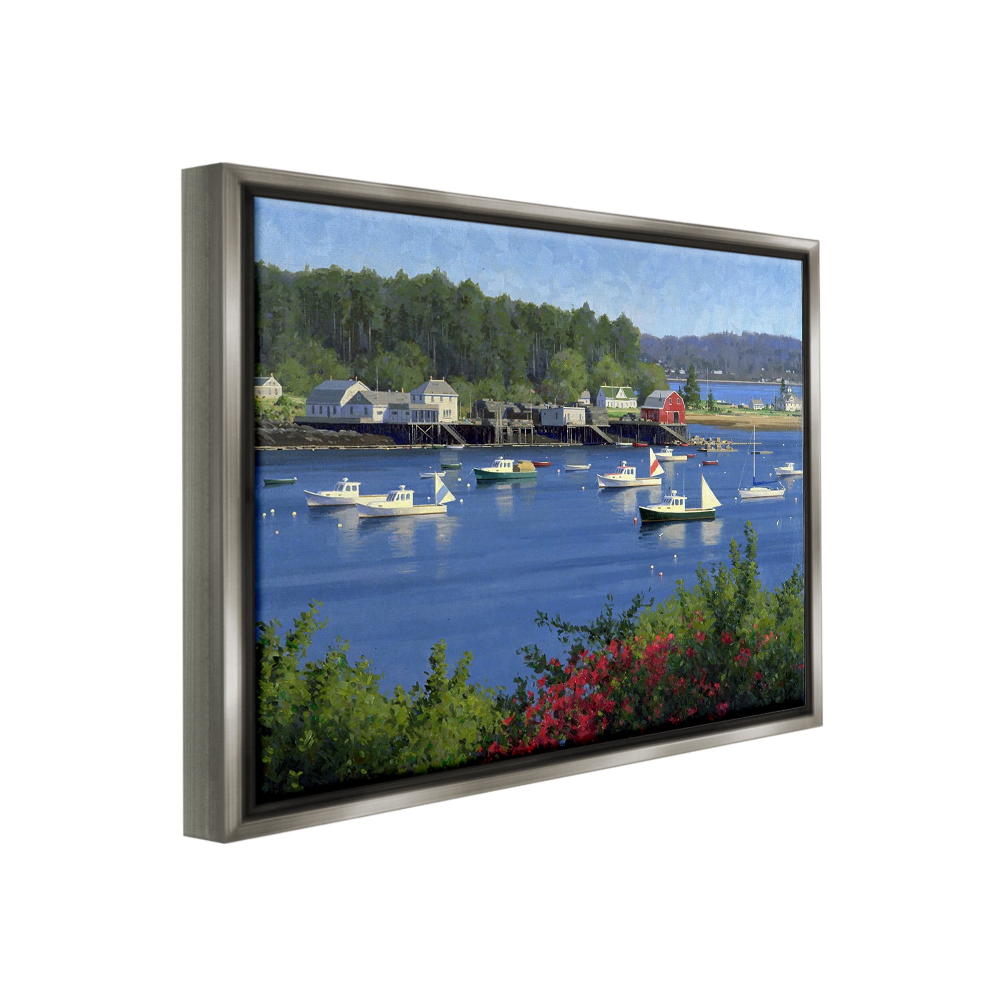 Stupell Industries Summer Harbor Inlet Landscape Painting Gray Floater Framed Canvas Art Print Wall Art, 31 x 25