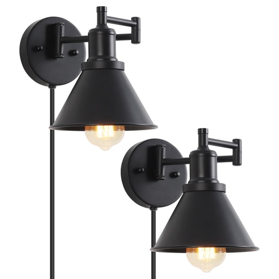 2-Pack Black Adjustable Swing Arm Wall Lamp Retractable Foldable Plug-In Wall Sconce with Switch for Living Room, Bedroom