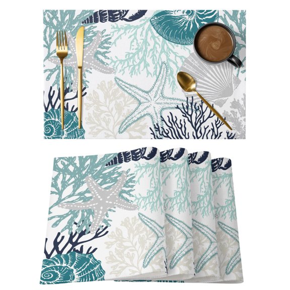 Ocean Coral Starfish Placemats Set of 6 Teal Green Coastal Shell Conch Place Mats Table Mats Kitchen Dining Home Outdoor Party Table Decoration