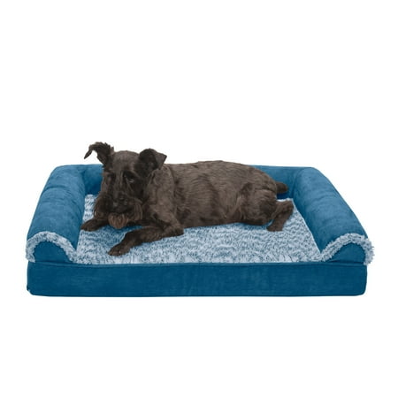 UPC: 0842229123999 | FurHaven Pet Products Orthopedic Two-Tone Faux Fur & Suede Sofa-Style Couch Pet Bed for Dogs & Cats – Marine Blue Medium