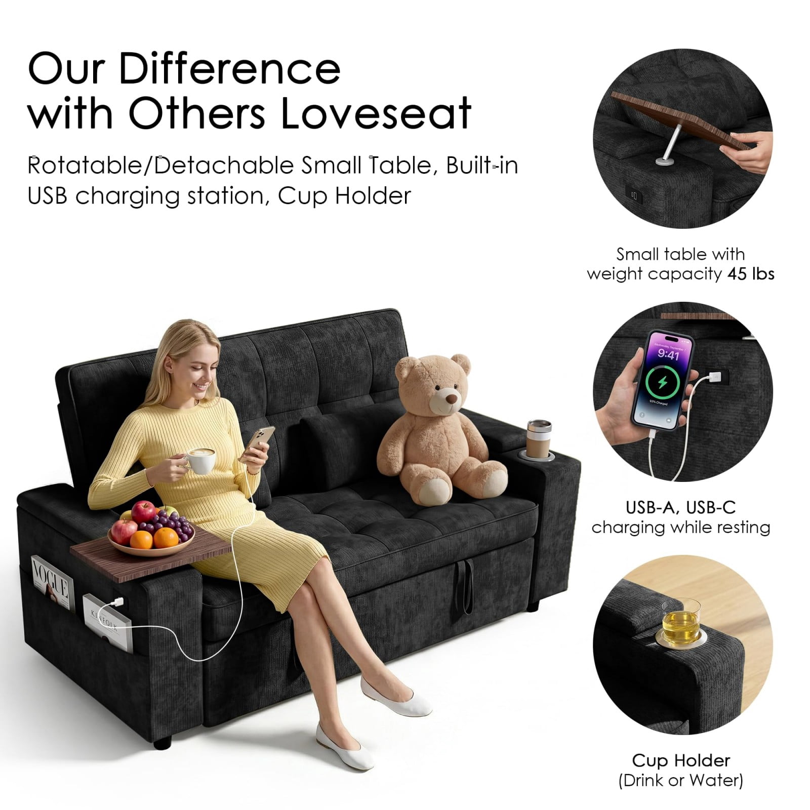 65" Sleeper Sofa Bed, 3 in 1 Convertible Pull Out Couch with Chenille Fabric, USB Ports, Storage Arms, Adjustable Backrest for Apartment Living Room, Black