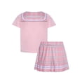 thumbnail image 4 of Doomiva Kids Girls Plaid Mini Skirt Set Sailor Short Sleeve Top with Pleated Tartan Skirt School Uniform Outfit Pink 150, 4 of 7