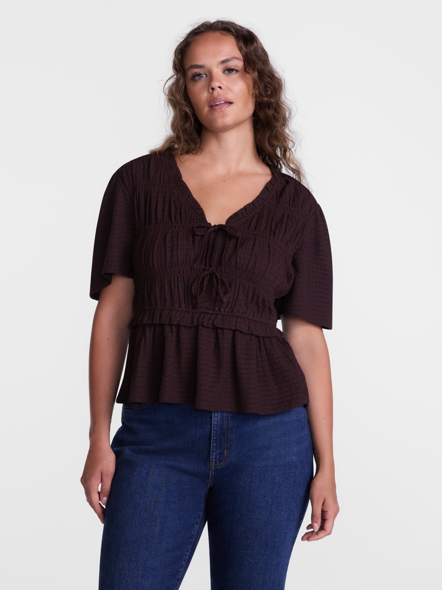 Scenario Women's and Women's Plus Textured Tie Front Top, Sizes XS-4X