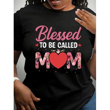 Women's Blessed Mom Floral Heart Graphic Short Sleeve T-Shirt