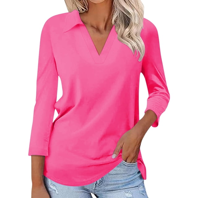 WTXUE T-Shirts à Manches Longues, Chandails à Col Rond pour Femmes à Manches 3/4 T-Shirts d'Été à Col en V Chemises à Col en Coton Uni, T-Shirts Chemises en Lin Hauts Décontractés pour Femmes Hot Pink M