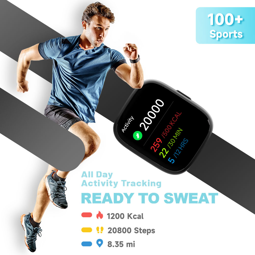 TOOBUR Smart Watch for Women, 1.83" Fitness Tracker Watch with Step Tracker/Pedometer/Sleep, IP68 Waterproof Smartwatch Calls Compatible iOS Android Black