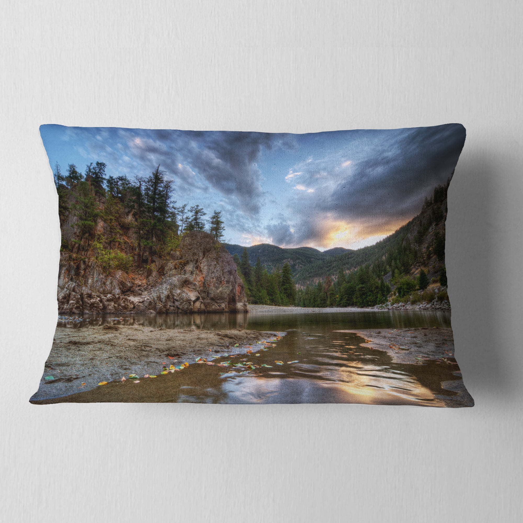 Designart Peaceful Evening at Mountain Creek - Landscape Printed Throw Pillow - 12x20