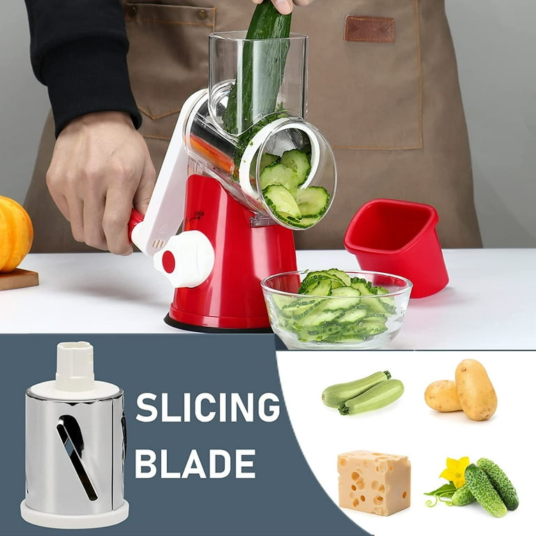 Vegetable Spiralizer, Rotary Cheese Grater, Vegetable Slicer with 3  Detachable Drum Blades Effiently Cheese Grinder for Vegetables, Nuts,  Etc,Red
