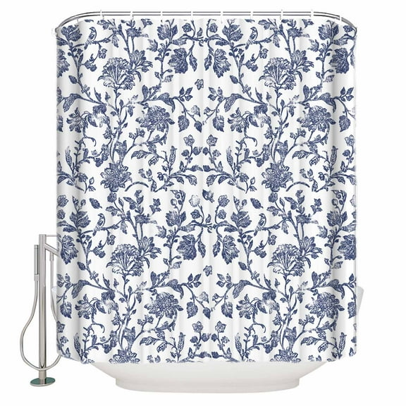 Vintage Blue Floral Shower Curtain, 72" x 72", Farmhouse Flower Pastoral Style Waterproof Bathroom Curtain Washable Shower Curtain Set with 12 Hooks