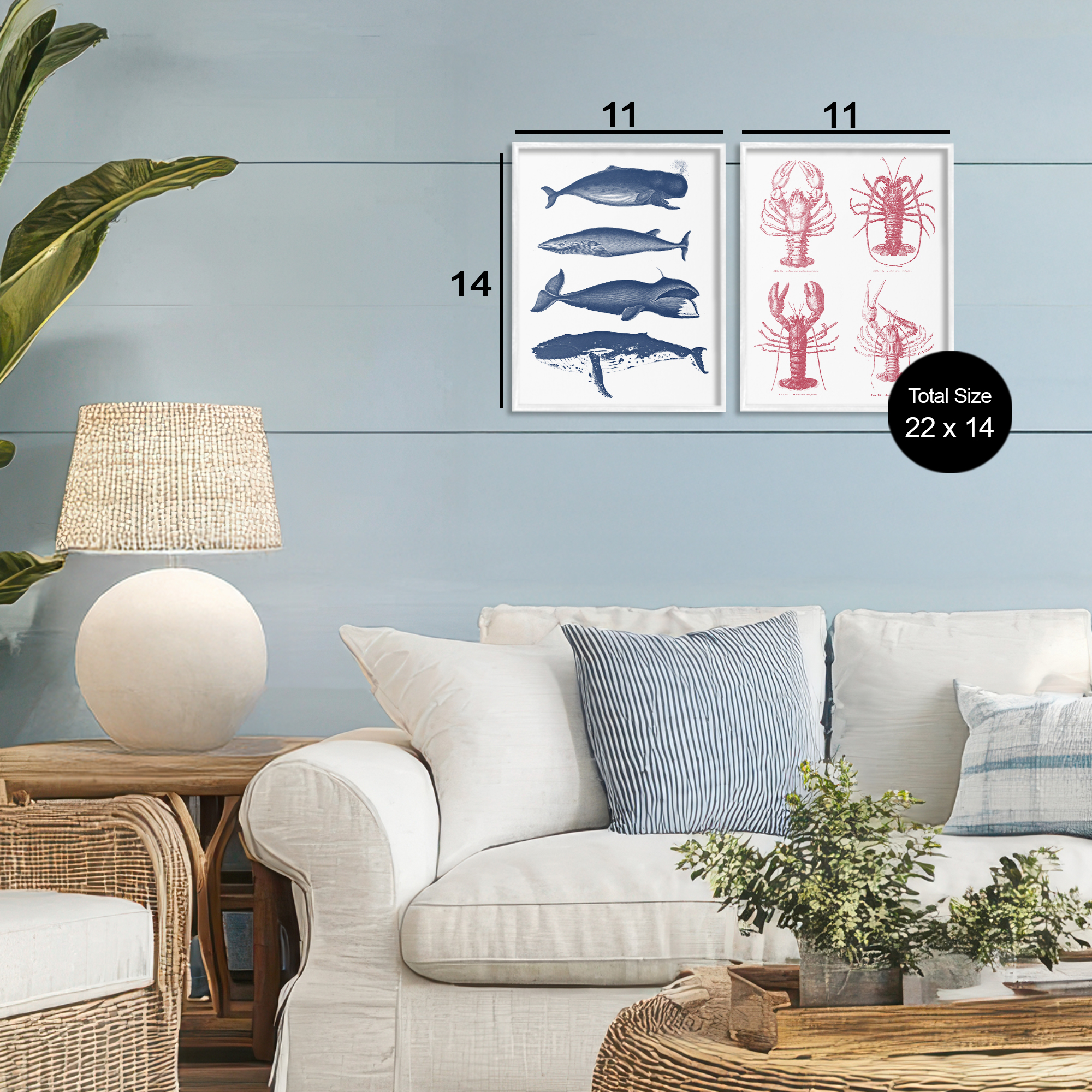 Marine Whales & Lobsters 2 Piece White Framed Giclee Art Set, design by Lettered and Lined
