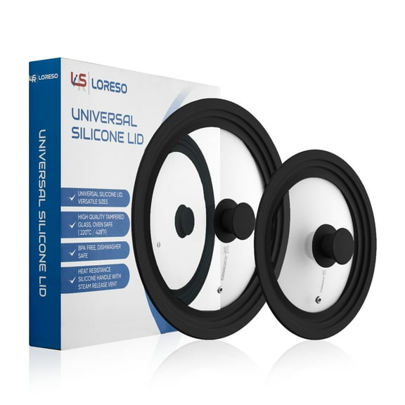 LORESO Silicone Glass Lid Black Pack of Two - Universal Silicone Glass Lid for Pots Pans & Skillet 8 to 11 Inches, Tempered Glass Lid with Steam Vent, Food Safe Silicone