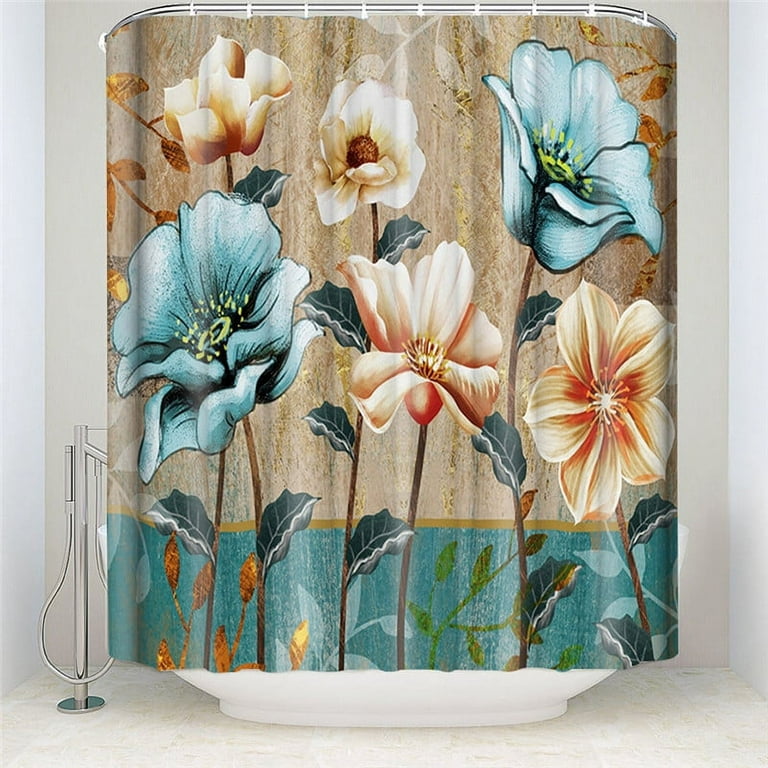 Floral Print Shower Curtain with Matching Rug Sets, Waterproof Shower Curtain with 12 Hooks and 3pcs Toilet Rugs Set for Bathroom Home Hotel Toilet