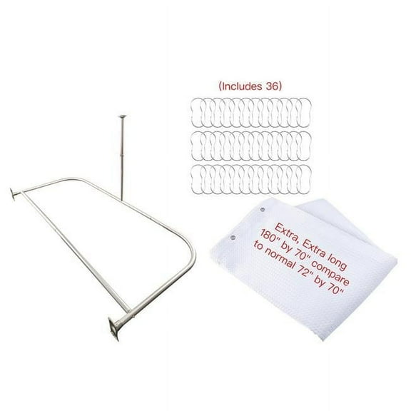 Utopia Alley  60 x 25 in. Rustproof Aluminum D-Shape Shower Curtain Rod with Ceiling Support for Freestanding Tubs, Brushed Nickel & White