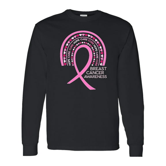 Inktastic Breast Cancer Awareness Rainbow Ribbon with Hearts Long Sleeve T-Shirt
