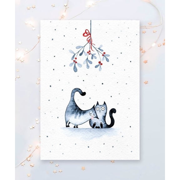 Cute Christmas Cat Card - Adorable Watercolor Kittens Under Mistletoe Design - Blank Inside, Envelope Included - Perfect Holiday Greeting for Cat Lovers