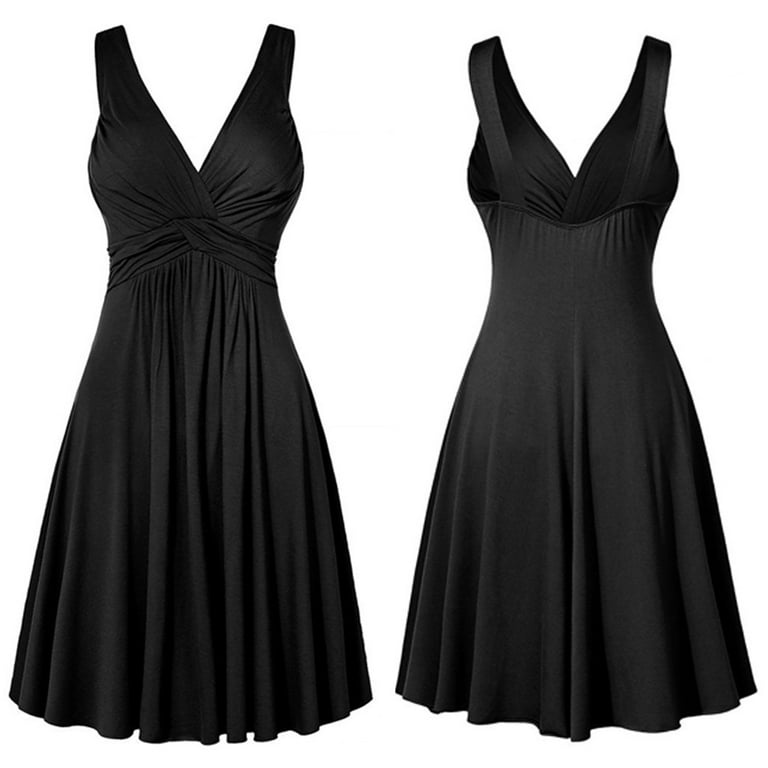 Outfmvch Women's Plus Size V-neck Retro Sling Pleated Slim Flare Black Dress,  XXL - Walmart.com
