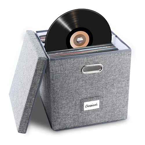 Caja de almacenamiento de discos de vinilo resistente: almacenamiento de álbumes con capacidad para más de 50 discos individuales, caja organizadora de almacenamiento LP con tapa, caja móvil decorativ
