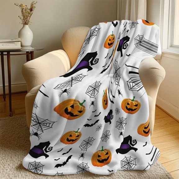 Halloween Blanket Happy Halloween 130*150 Soft Throw Blanket - Halloweens Themed Gift with Trick or Treat Pumkin Ghost Witch Black Cat Spider Bat Skull