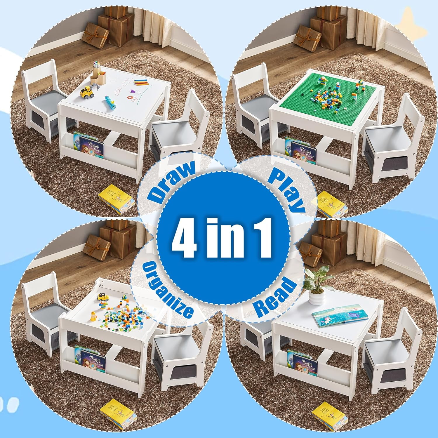 Kids Table and Chair Set, 4 in 1 Wooden Activity Table with Bookshelves and Storage Drawer, 2 in 1 Detachable Tabletop Construction Play Table Set for Toddlers Drawing, Reading