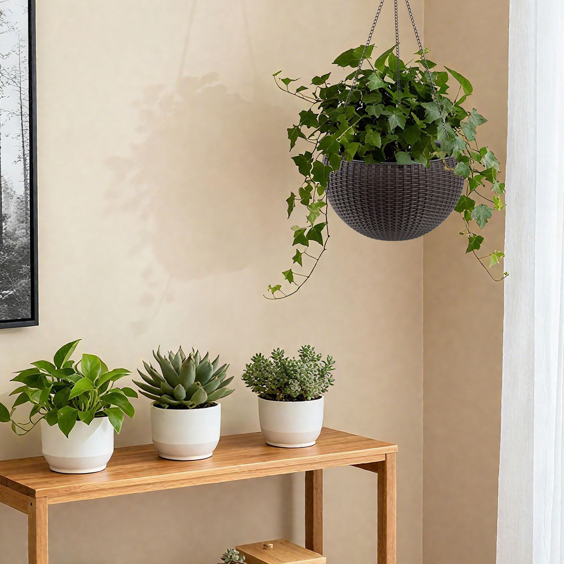S-HOME Dual-Use Self-Watering Hanging Rattan Planters 13.4 Inch Large Size with Water Level Indicator, for Balcony Decor Indoor Use, Brown