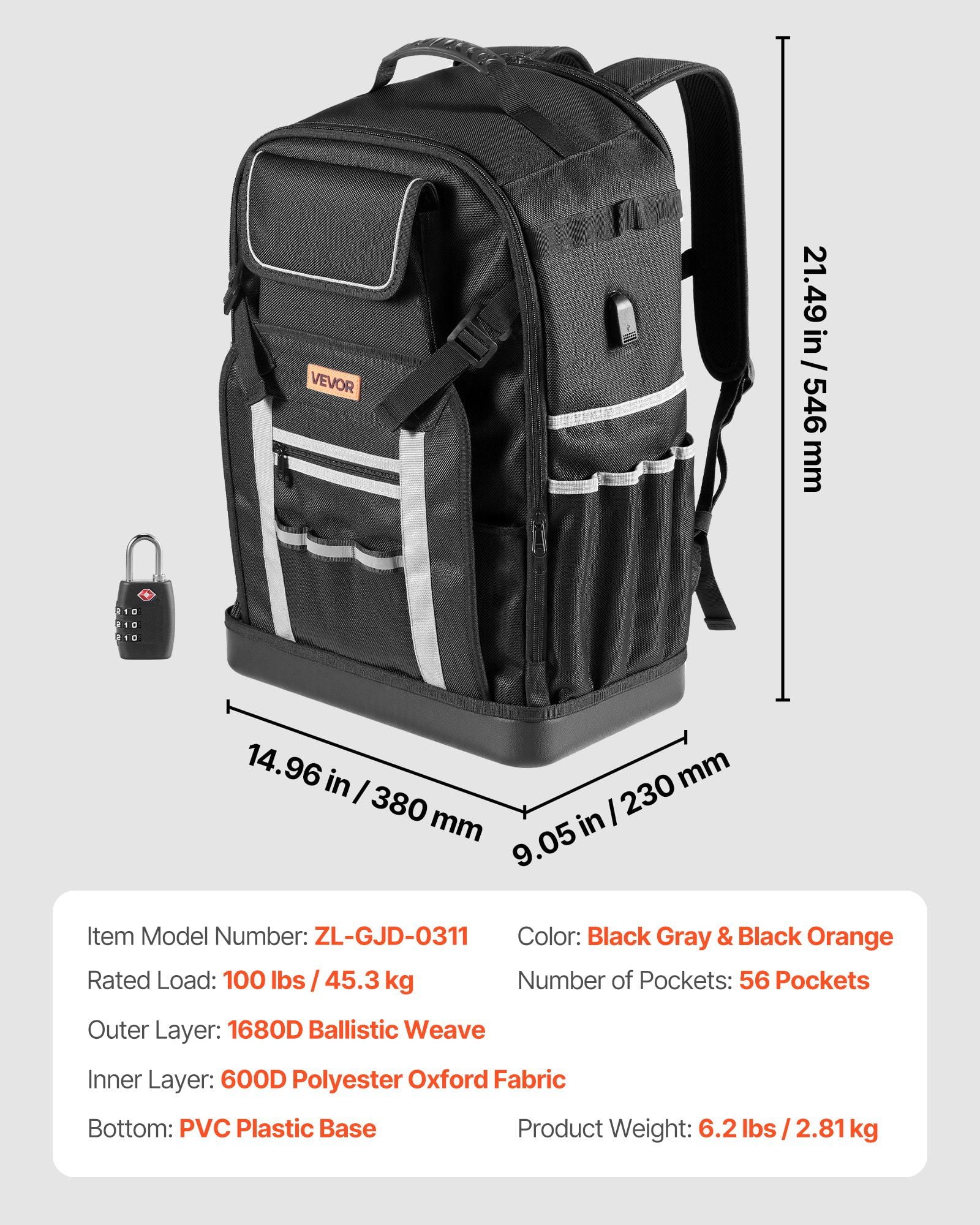 Tool Backpack with 56 Pockets and Splash-Resistant 1680D Nylon, Jobsite Tool Bag with Stable PVC Base, Padded Straps, Lock, and Charging Port for Electricians, Plumbers, and Heavy-Duty Outdoor Work