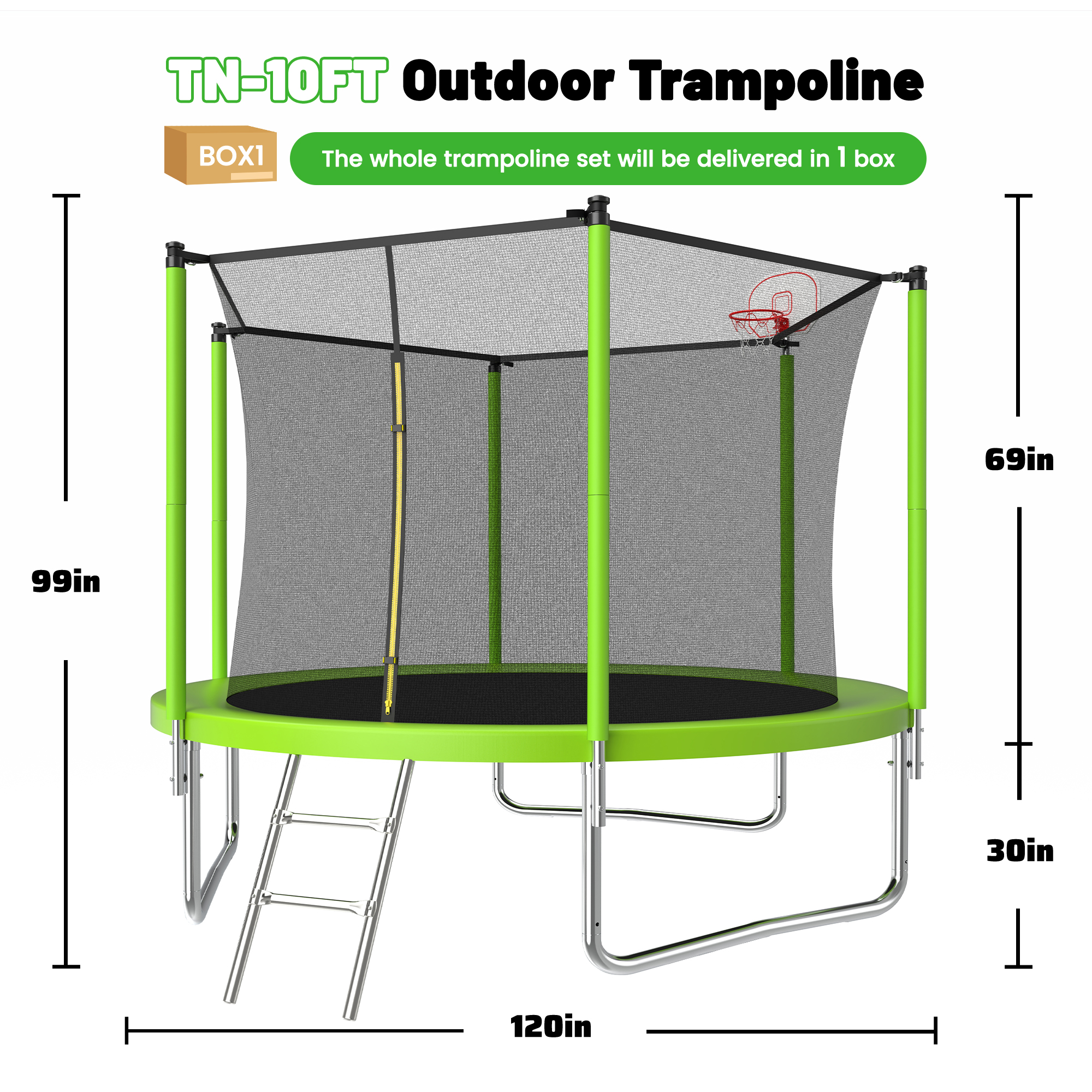 10FT Trampoline for Kids,Outdoor Trampoline with Basketball Hoop,Recreational Trampoline with Safety Enclosure Net,Green