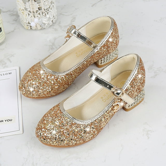 Sparkly Girls Dress with Sequins Low Heel Party Dance Rhinestone Sandals for Toddler Little Kid Formal Events