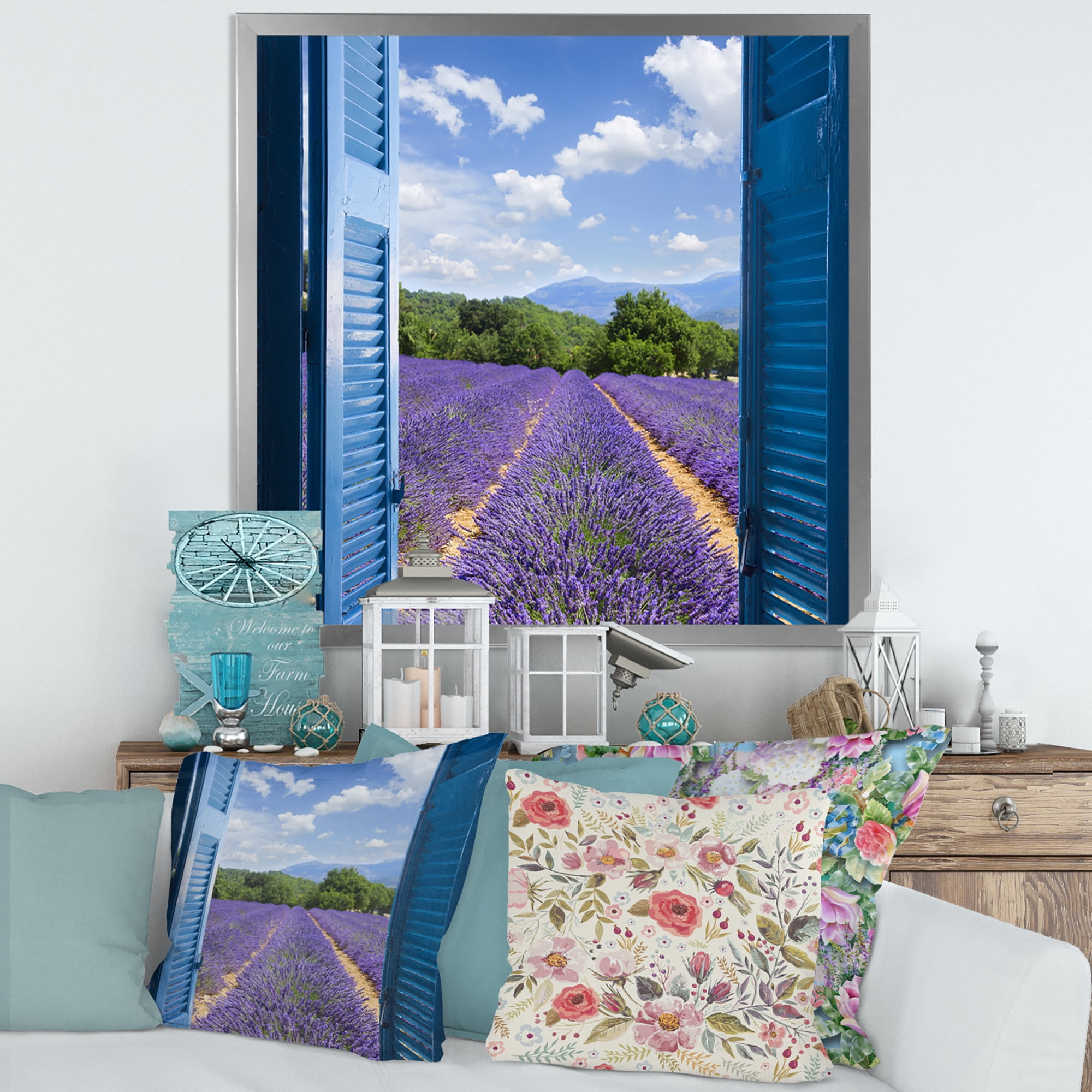Designart 'View of Lavender Field Through Blue Open Cottage Window' Farmhouse Framed Art Print