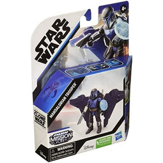 reloj mortal star wars sw mission fleet figura de acción Mandalorian Trooper en empaque, vista frontal centrada de figura multicolor con casco y armadura azul, accesorios visibles (escudo redondo y bláster) y logo Mission Fleet; embalaje estilo coleccionable apto para 4+ años.