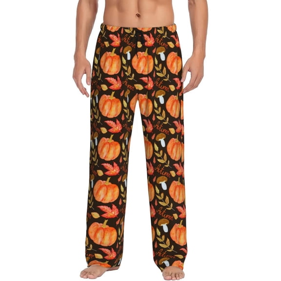 Gukieu Autumn Pumpkin Print Men's Home Trousers, Elastic Drawstring Home Pajamas Clothing Suitable for Adult Men-Small
