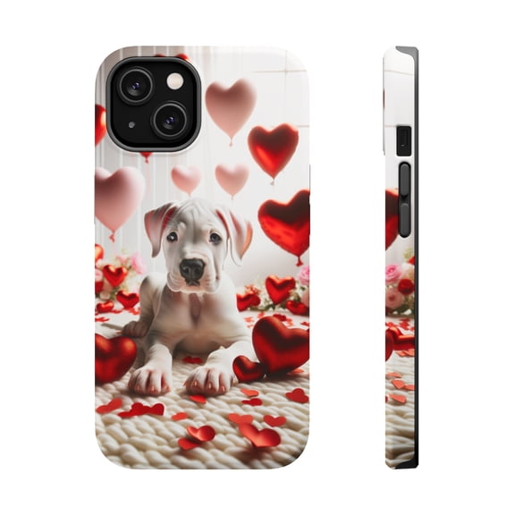 DistinctInk Tough Case for Apple iPhone 14 PLUS (6.7" Screen), Compatible with MagSafe Charging - Valentine's Day Dogo Argentino Puppy