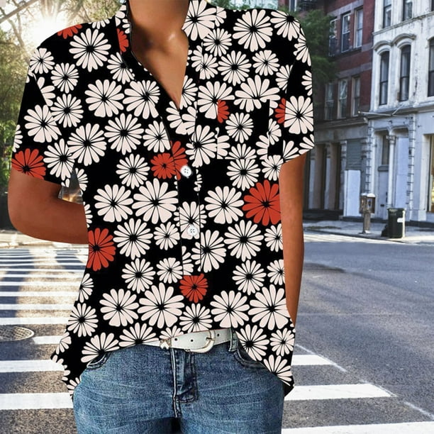 Gibobby Camisas mexicanas con cuello en V para mujer Camiseta suelta informal con cuello en V para mujer blusa manga corta con estampado B CH Bodega Aurrera en linea