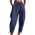 thumbnail image 6 of Lovskoo Women's Cotton And Linen Baggy Wide Leg Pants Elastic Waisted Casual Palazzo Harem Pants with Pockets Cropped Pants Navy, 6 of 9