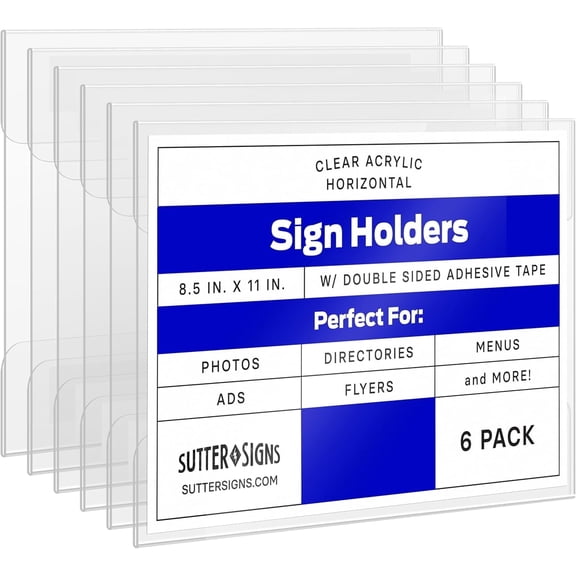 8.5x11 Clear Acrylic Wall Mounted Sign Holders, Horizontal Wall Sign Document Memo Holder with Adhesive Tape for Home, Business, Office (Pack of 6)