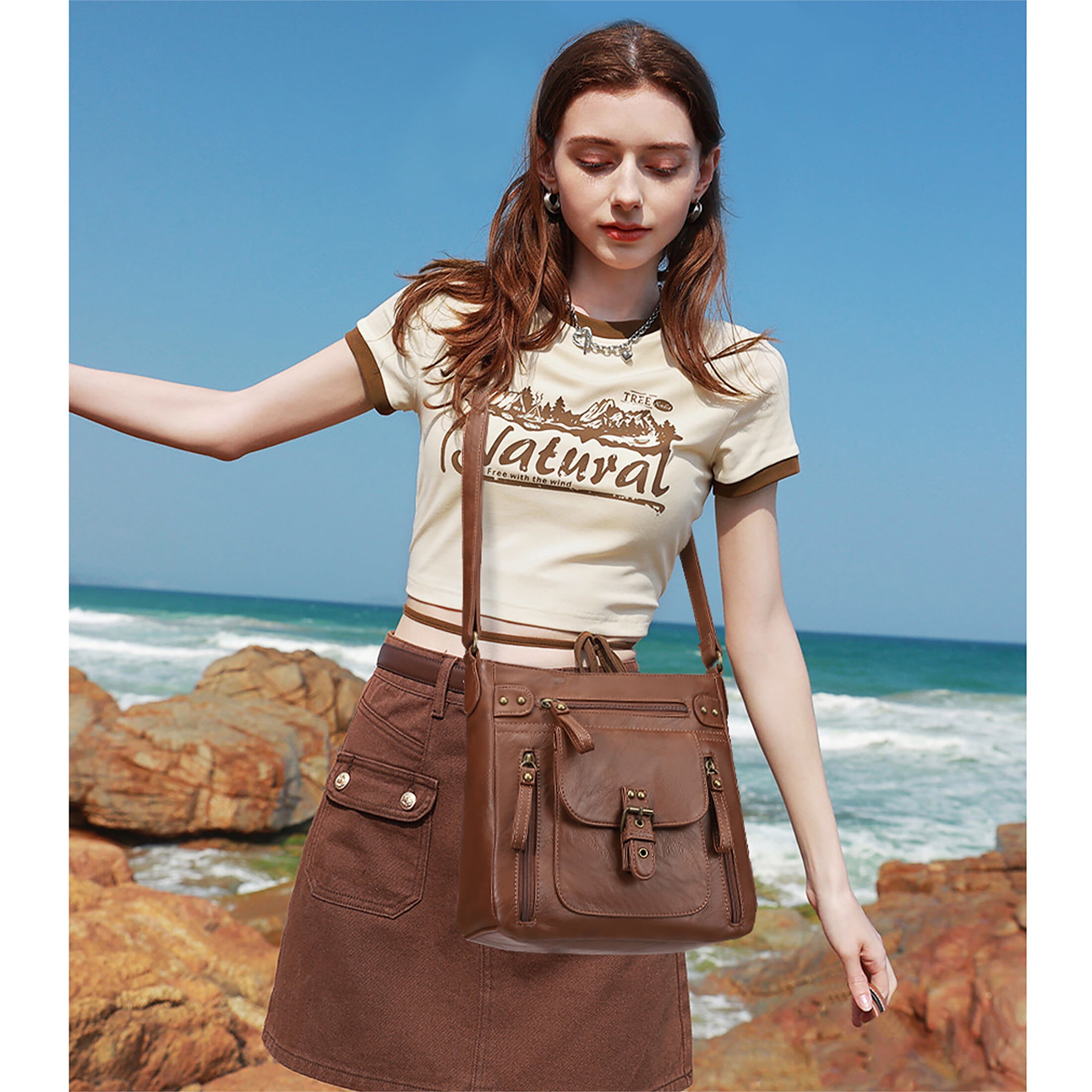 KL928 Medium Crossbody Purses for Women Handbag Leather Crossbody Shoulder Bags with Multi Pockets