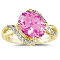 SZUL Women's Oval Shaped Pink Topaz and Diamond Curve Ring in 10K Yellow Gold