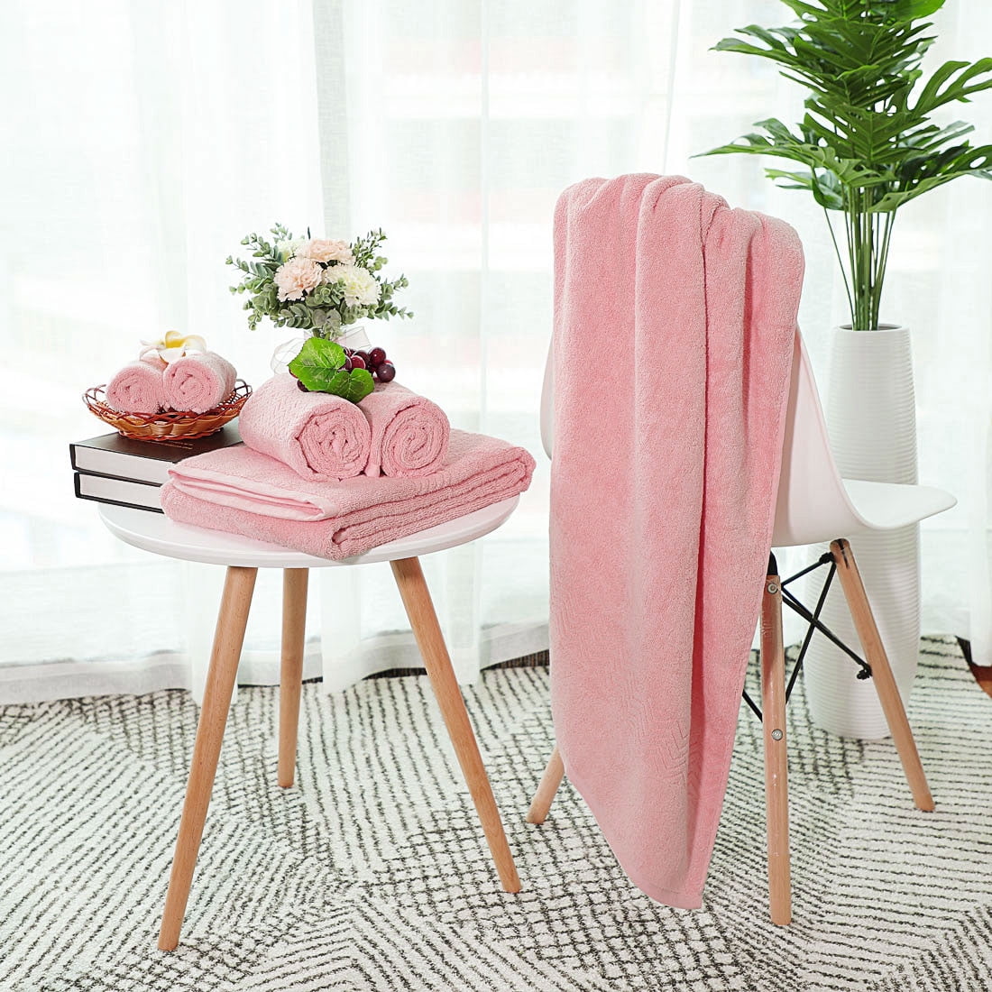 Unique Bargains Soft Absorbent Cotton Plush Bath Towel Set Collection Pink 6 Pieces