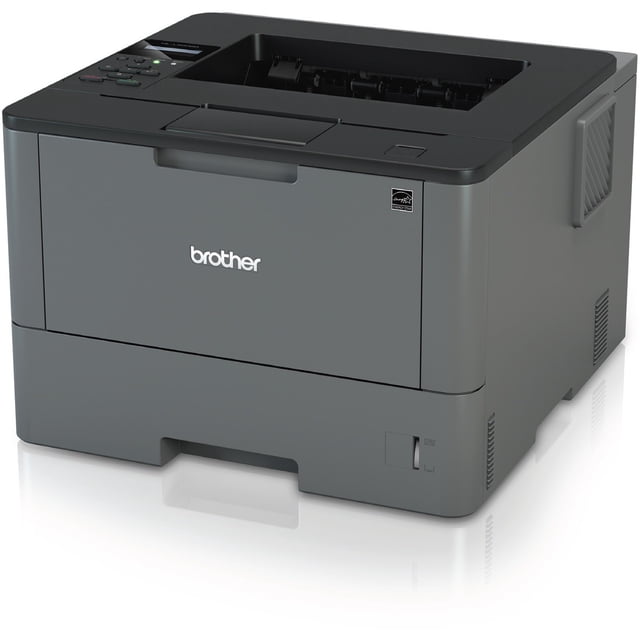 brother duplex brother hl-l500 impresora láser monocromática vista frontal 3/4, carcasa gris oscuro, bandeja de papel inferior cerrada, ranura de salida superior, panel de control con botones en la esquina superior izquierda y logotipo Brother centrado en el frente; también suele usarse para tareas de impresión de oficina ligera.